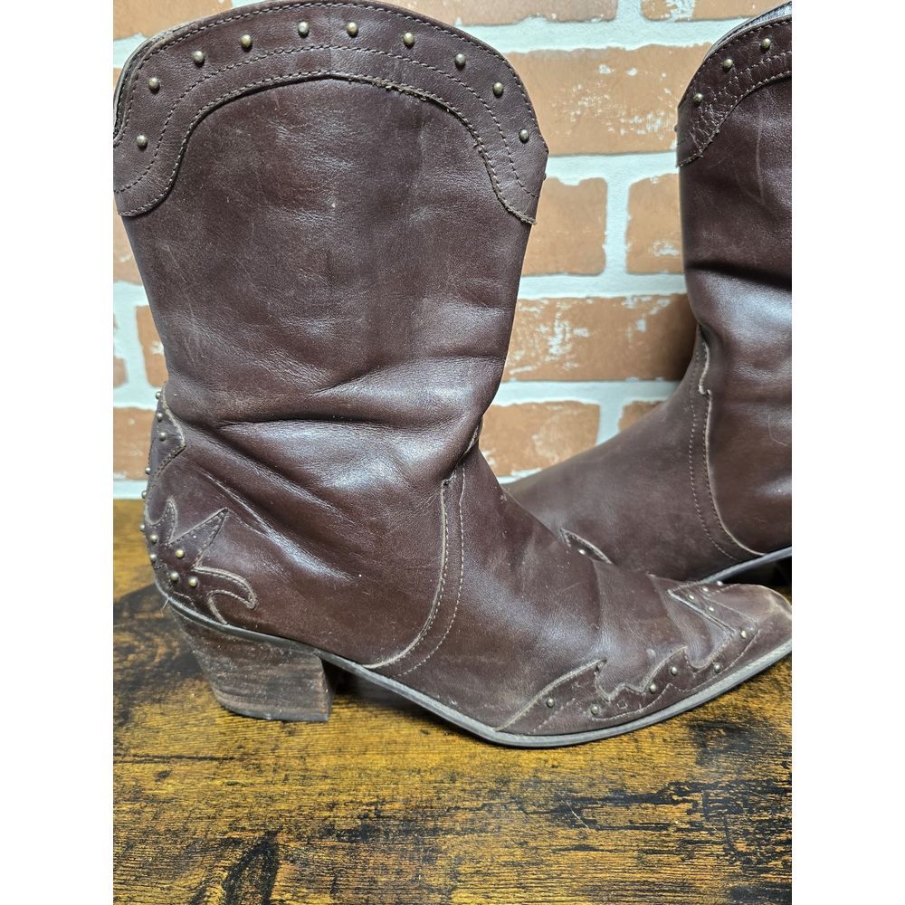 Brown Leather Women's Western Style Brown Cowboy Studded Boots 9.5 M Zipper‎ Up